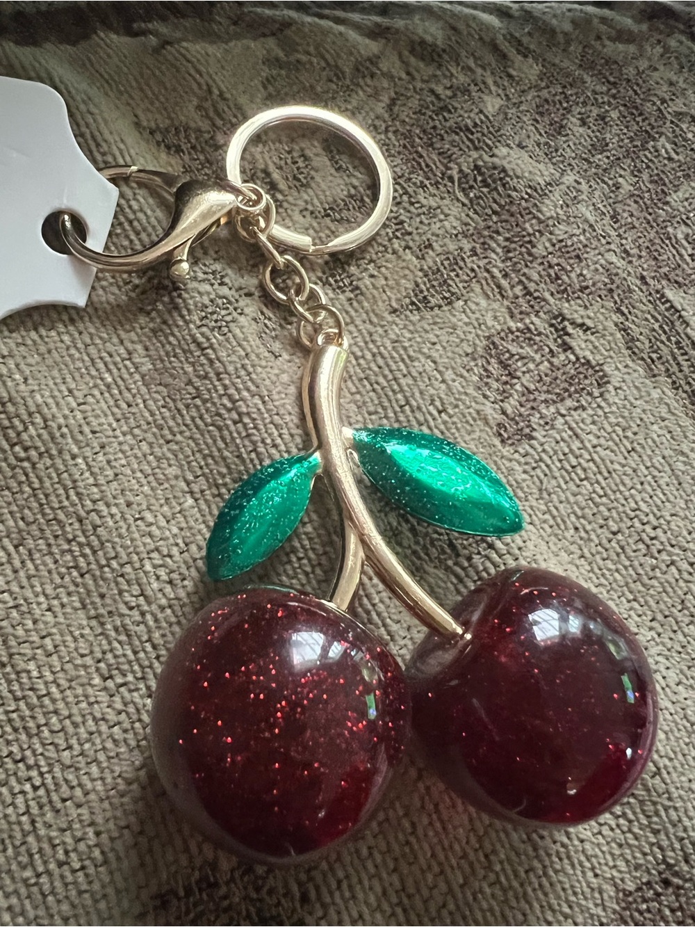 Glitter Cherry Keychain - Red Cherries with Green Leaves